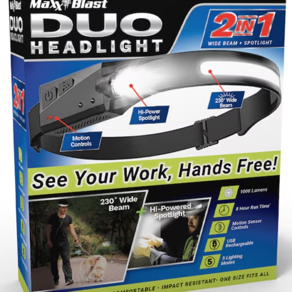 Ultra Bright HEADLAMP DUO 2 IN 1 Wide Beam + Spotlight 2xMaxx Blast Rechargeable
